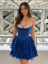 Sparkly Beadings Sweetheart Strapless Chiffon Blue A-line Short Mini Dress Homecoming Dress
